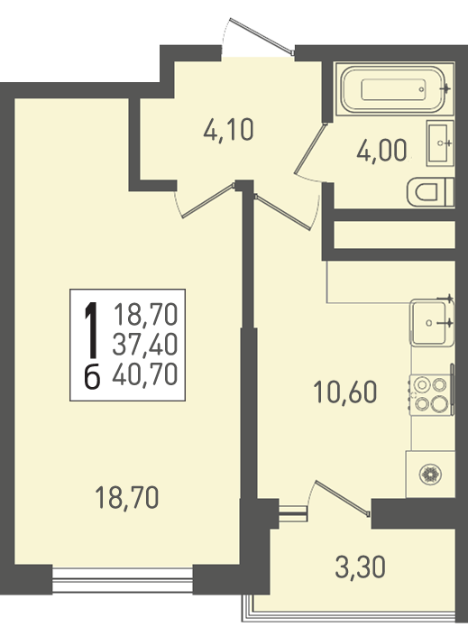 Планировка 1-комнатная 40,7 м²