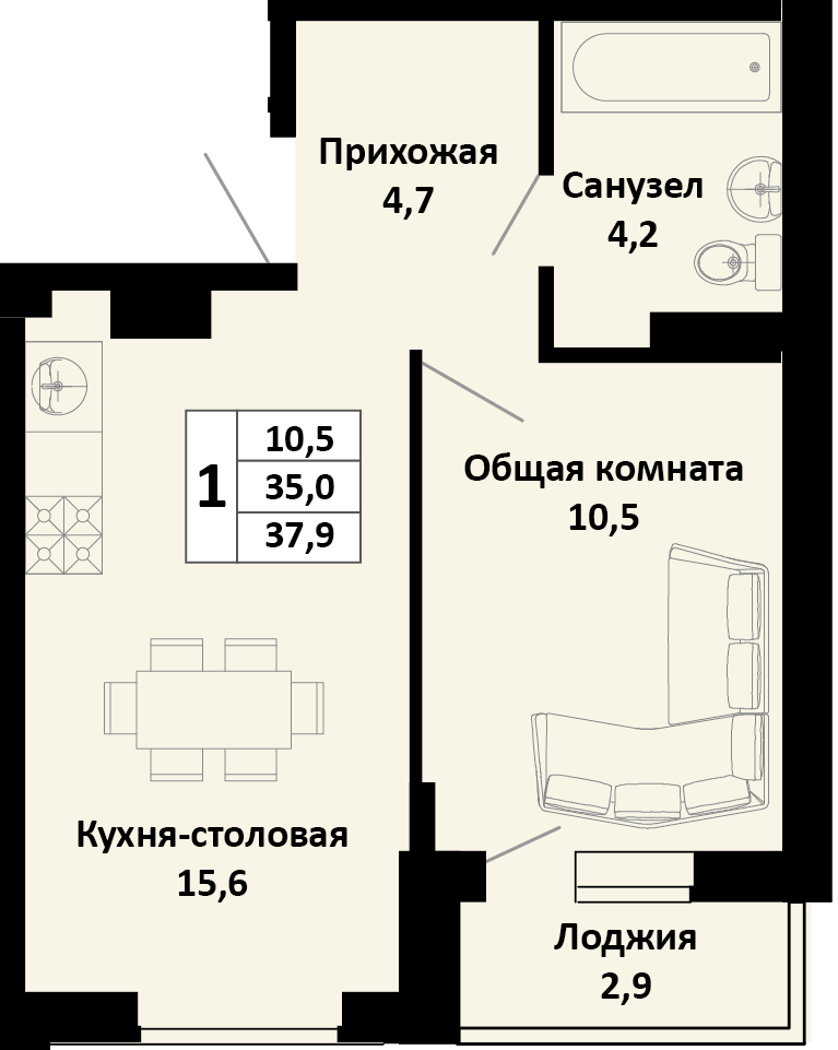 Планировка 1-комнатная 37,9 м²