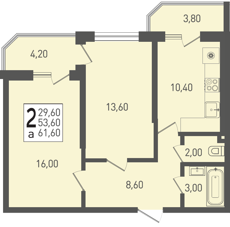 Планировка: 2-комн. квартира 61,6 м²