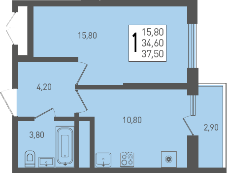 Планировка: 1-комн. квартира 37,5 м²