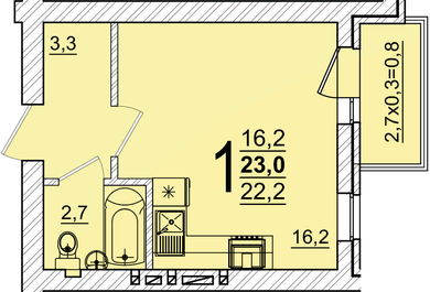 Планировка: Студия 22,9 м²