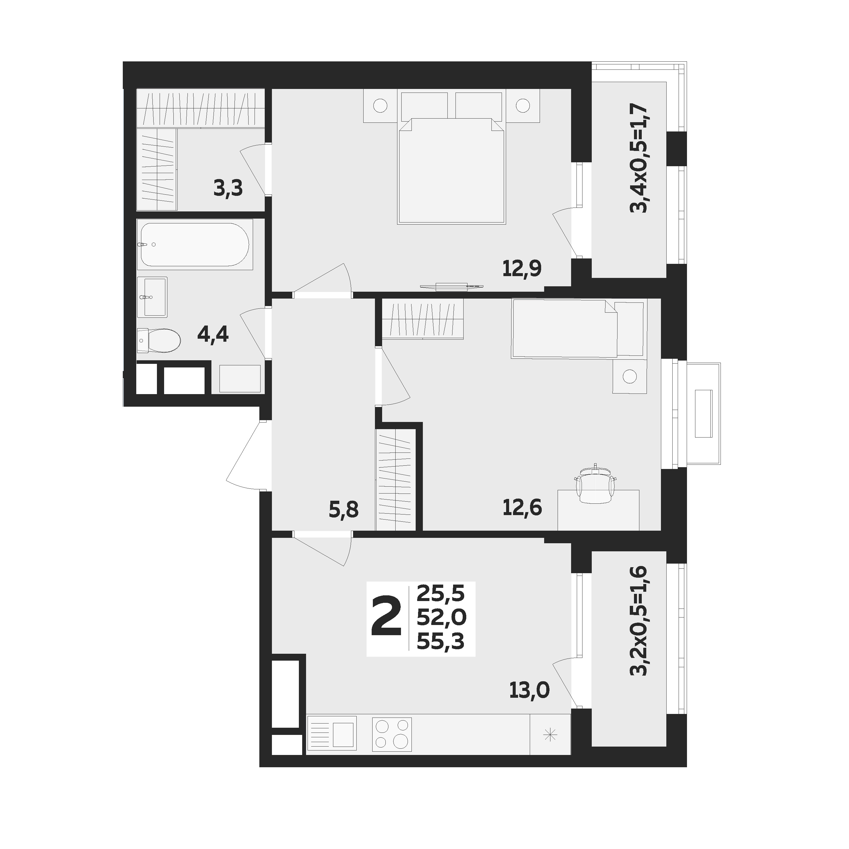 Планировка: 2-комн. квартира 55,3 м²