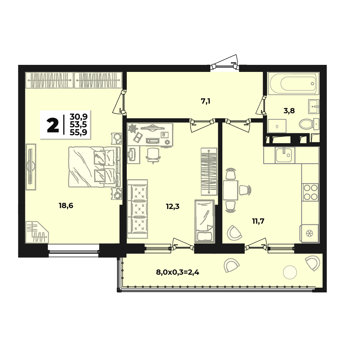 Планировка 2-комнатная 55,7 м²