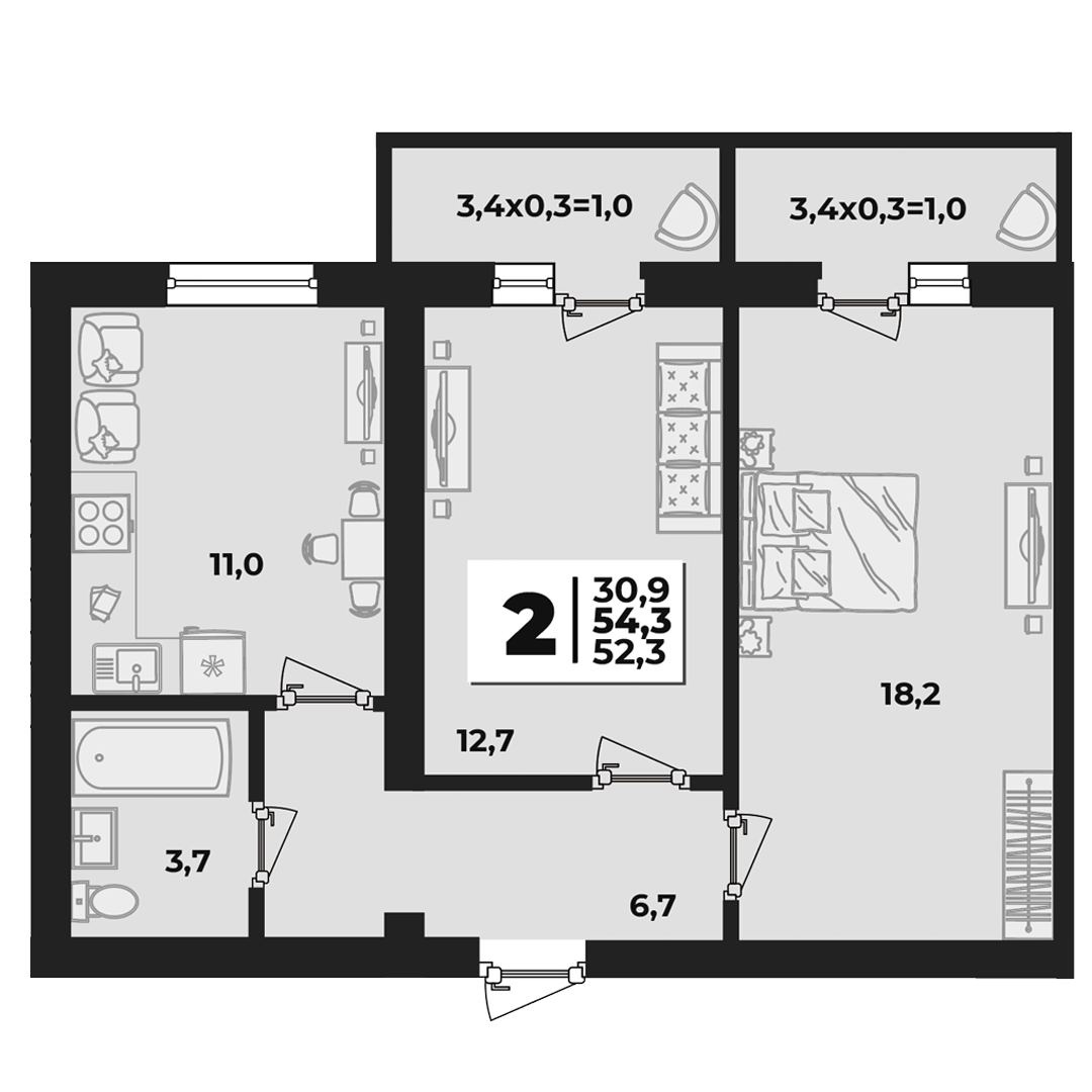 Планировка 2-комнатная 54,3 м²