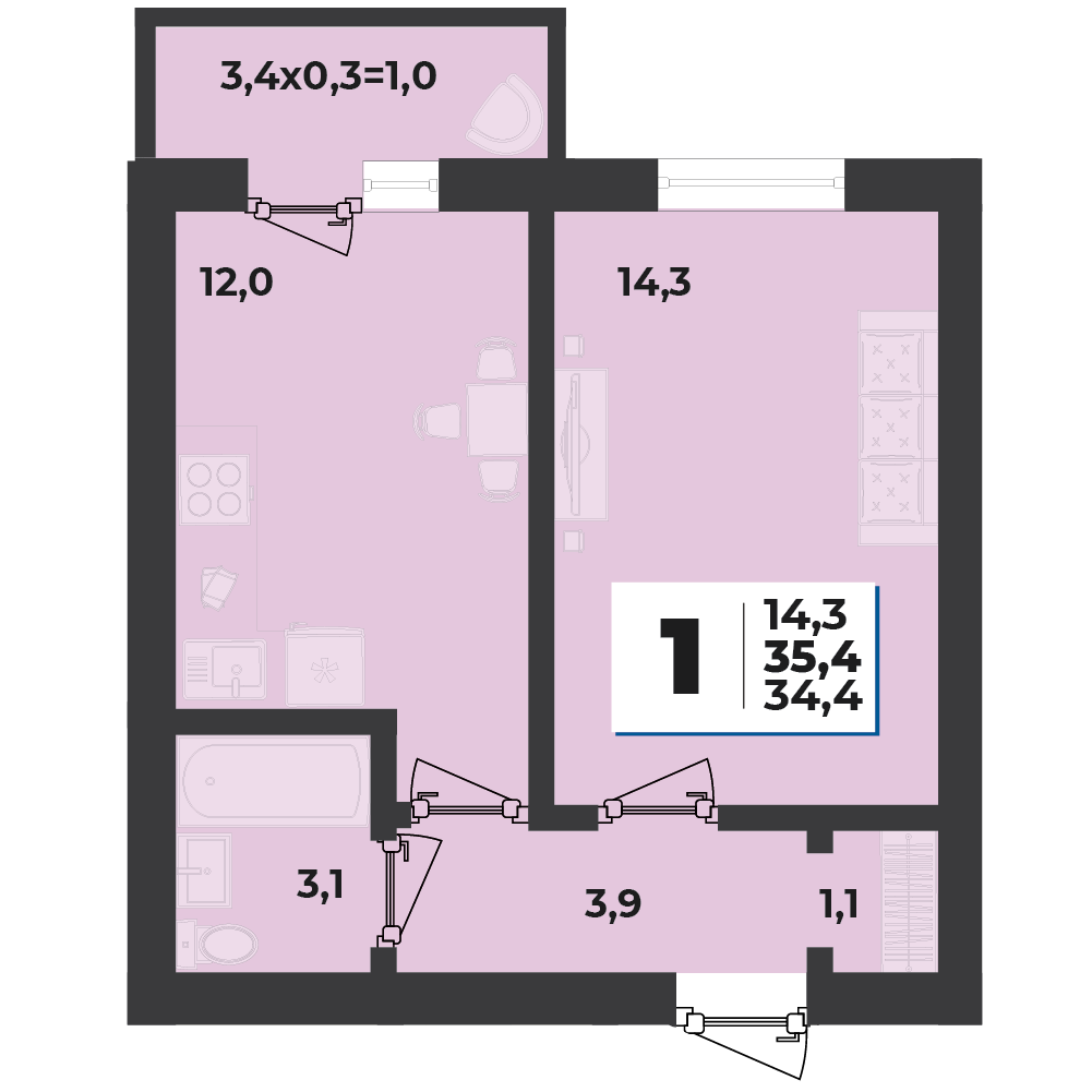 Планировка 1-комнатная 35,4 м²