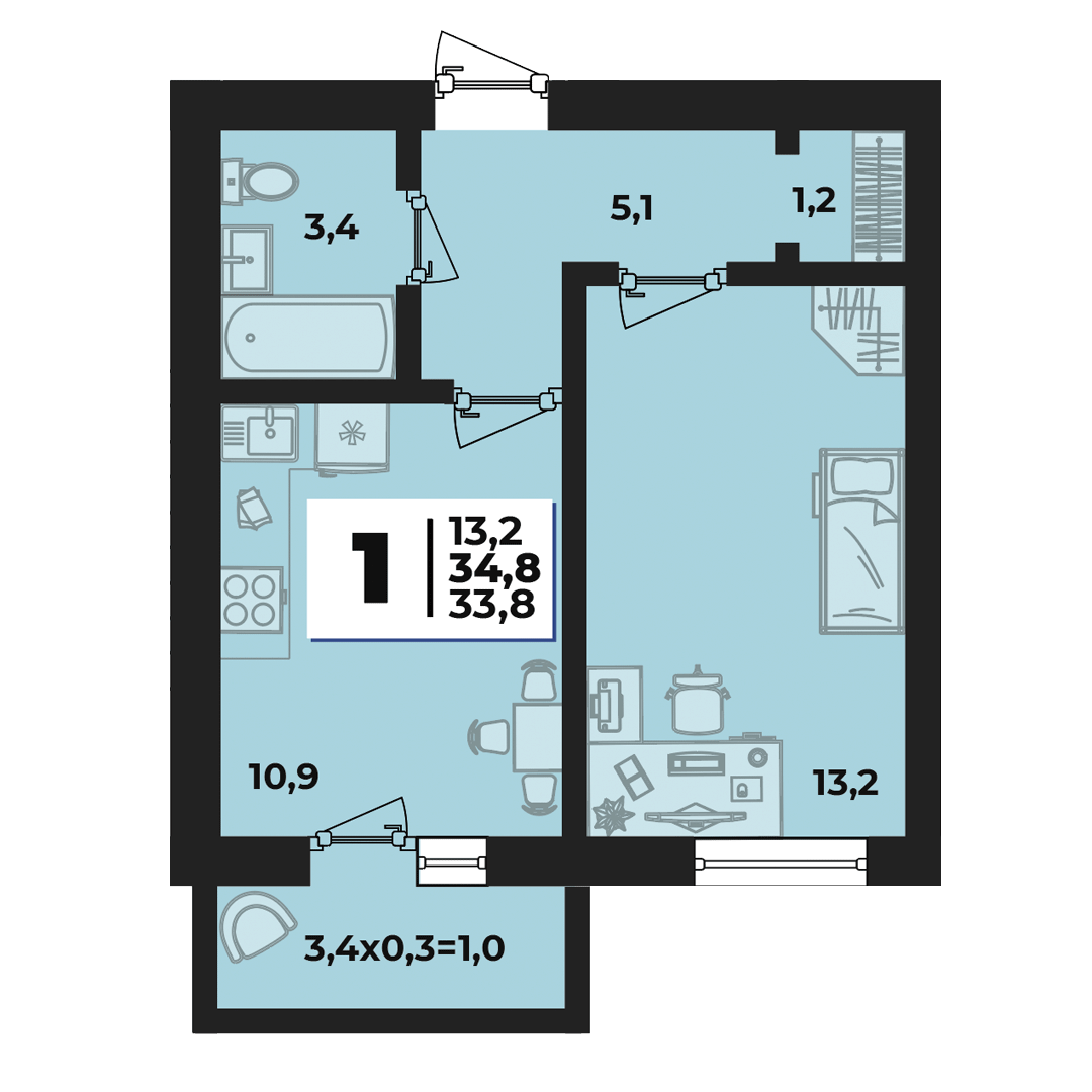 Планировка: 1-комн. квартира 34,5 м²