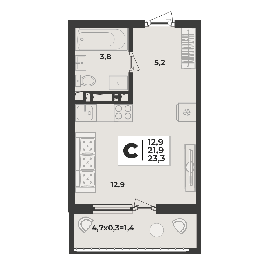 Планировка: Студия 23,3 м²