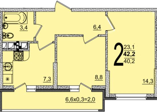 Планировка 2-комнатная 41,9 м²