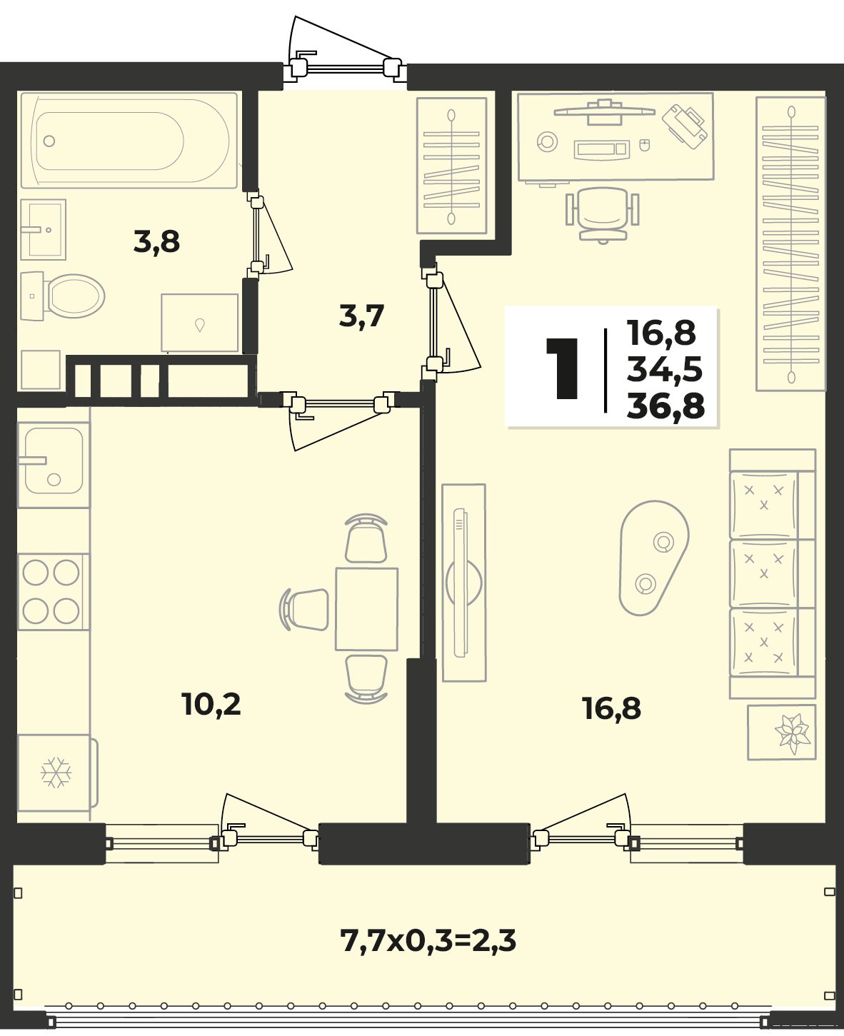 Планировка 1-комнатная 36,8 м²