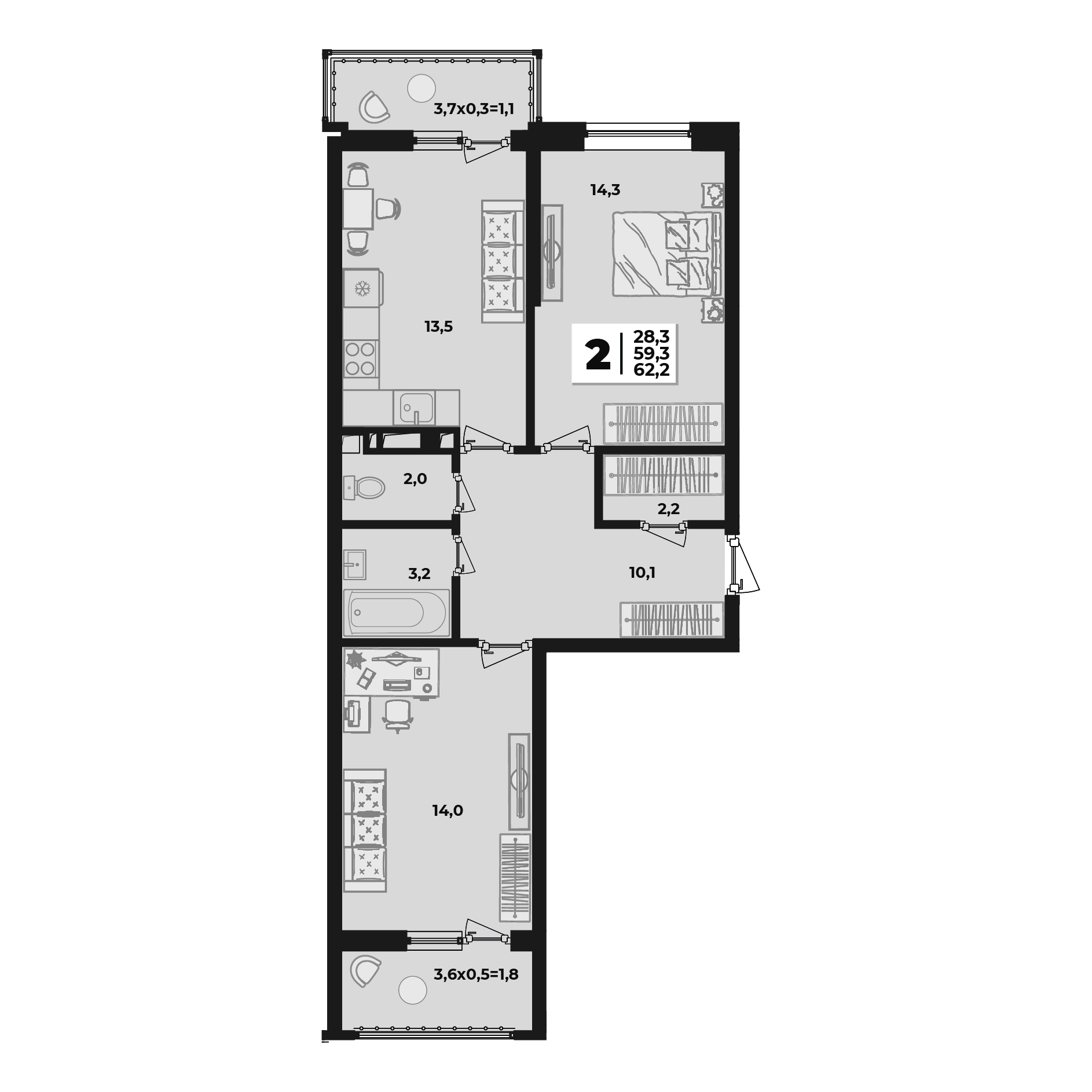 Планировка 2-комнатная 62 м²
