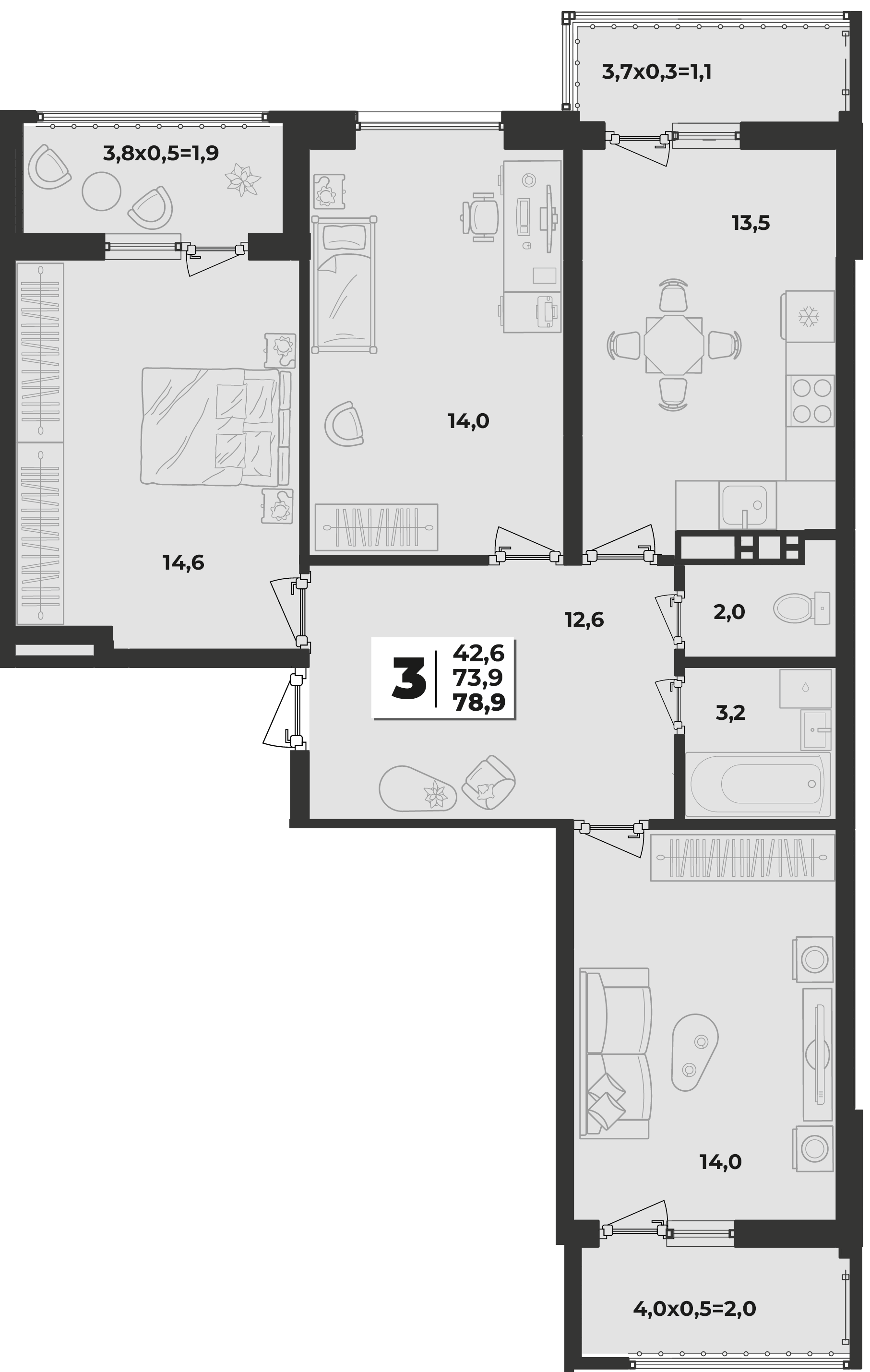 Планировка 3-комнатная 78,9 м²