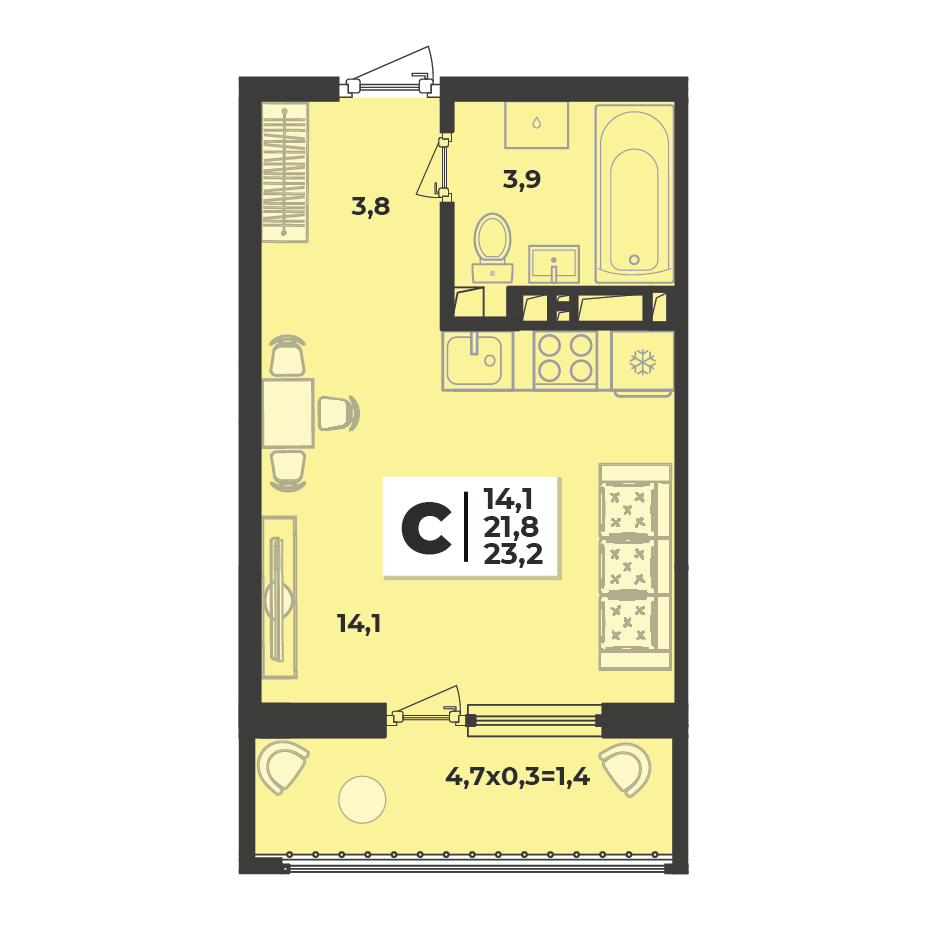 Планировка: Студия 23,4 м²
