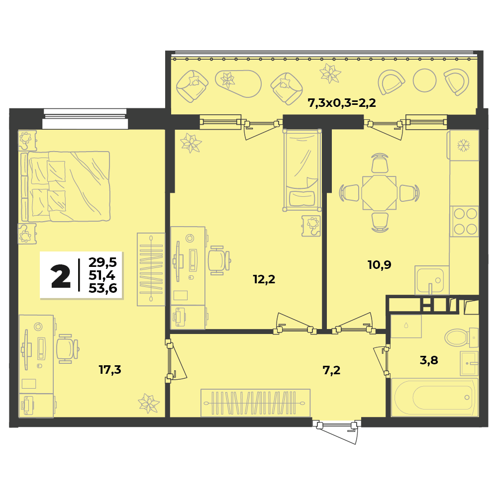 Планировка 2-комнатная 53,6 м²