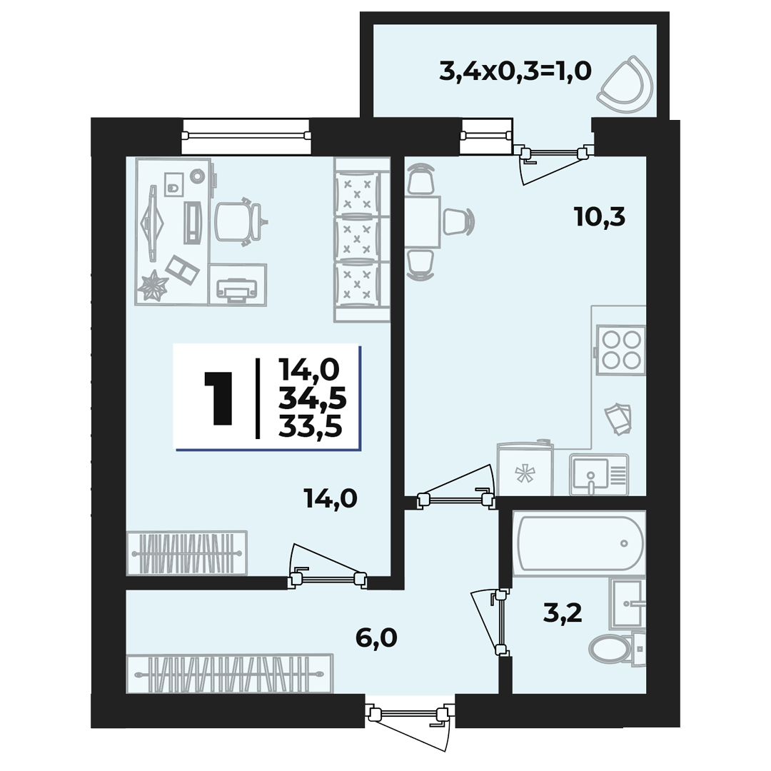 Планировка 1-комнатная 34,5 м²