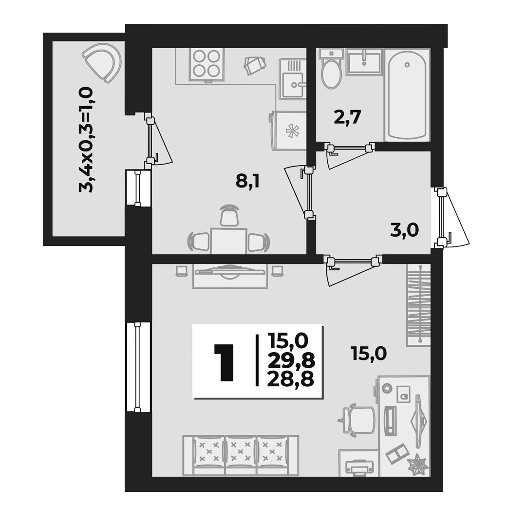 Планировка: 1-комн. квартира 29,8 м²