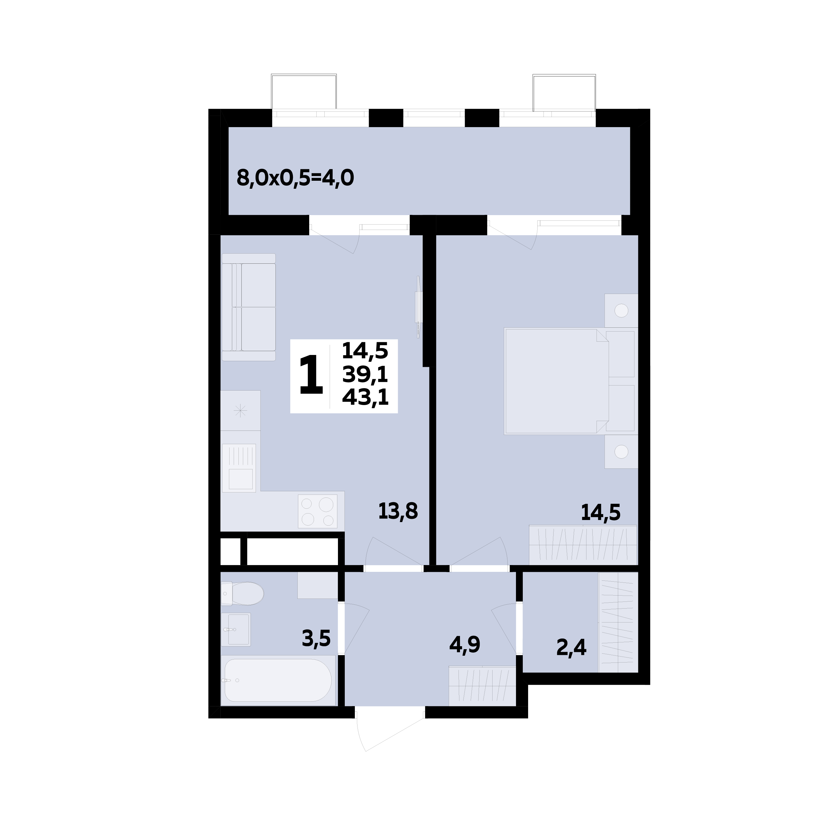 Планировка 1-комнатная 43,1 м²