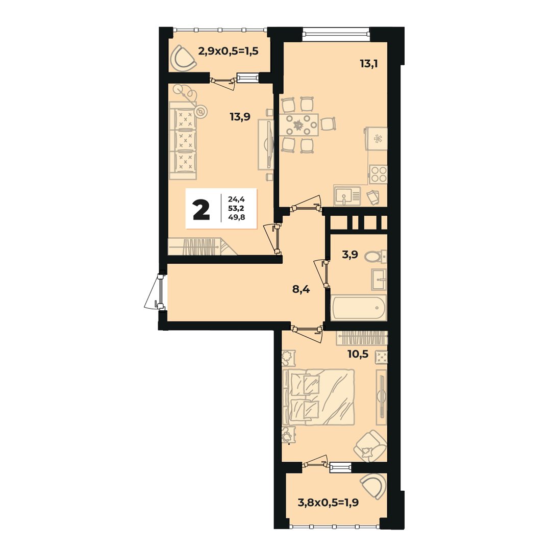 Планировка 2-комнатная 52,9 м²
