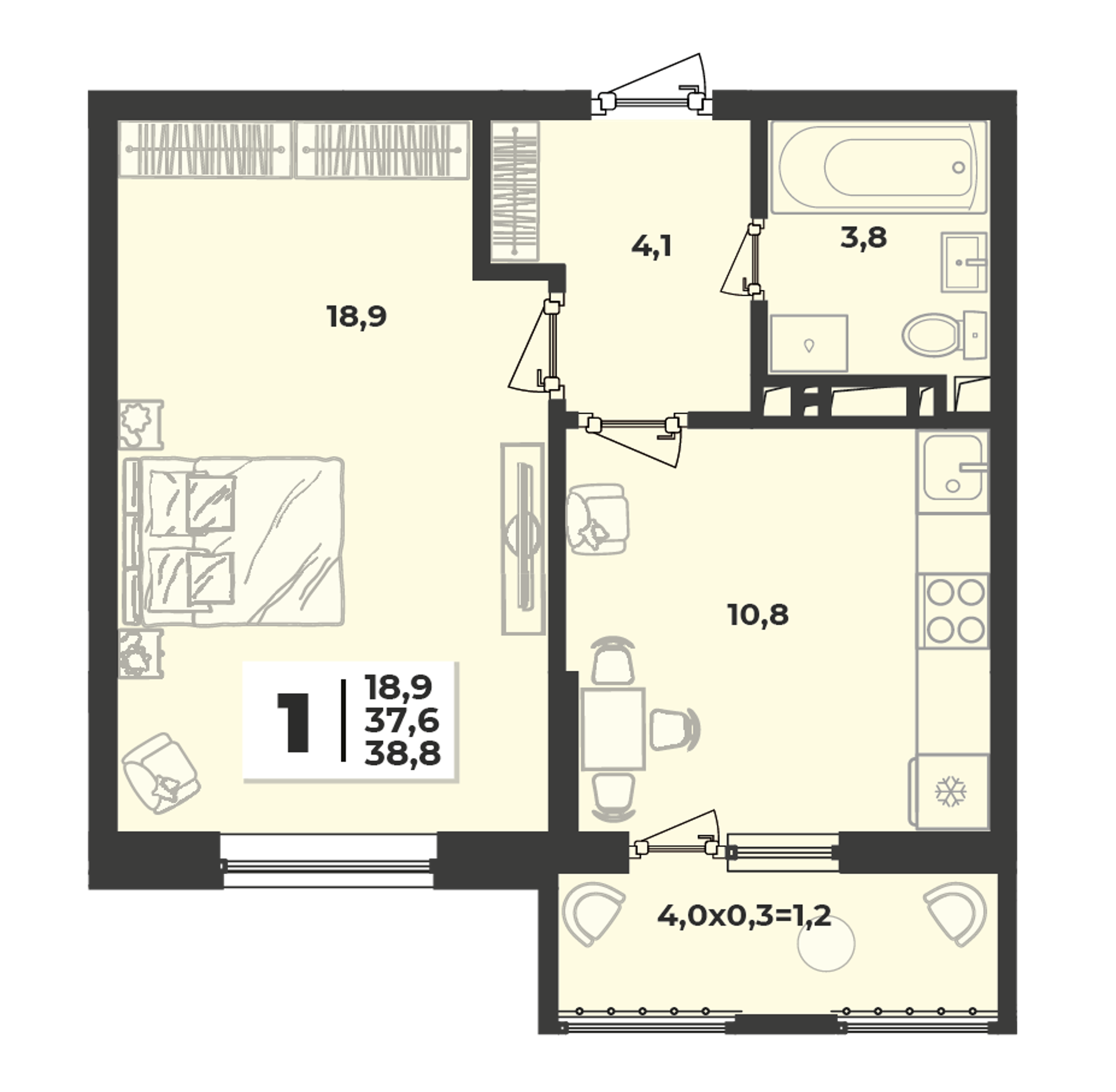 Планировка 1-комнатная 38,8 м²