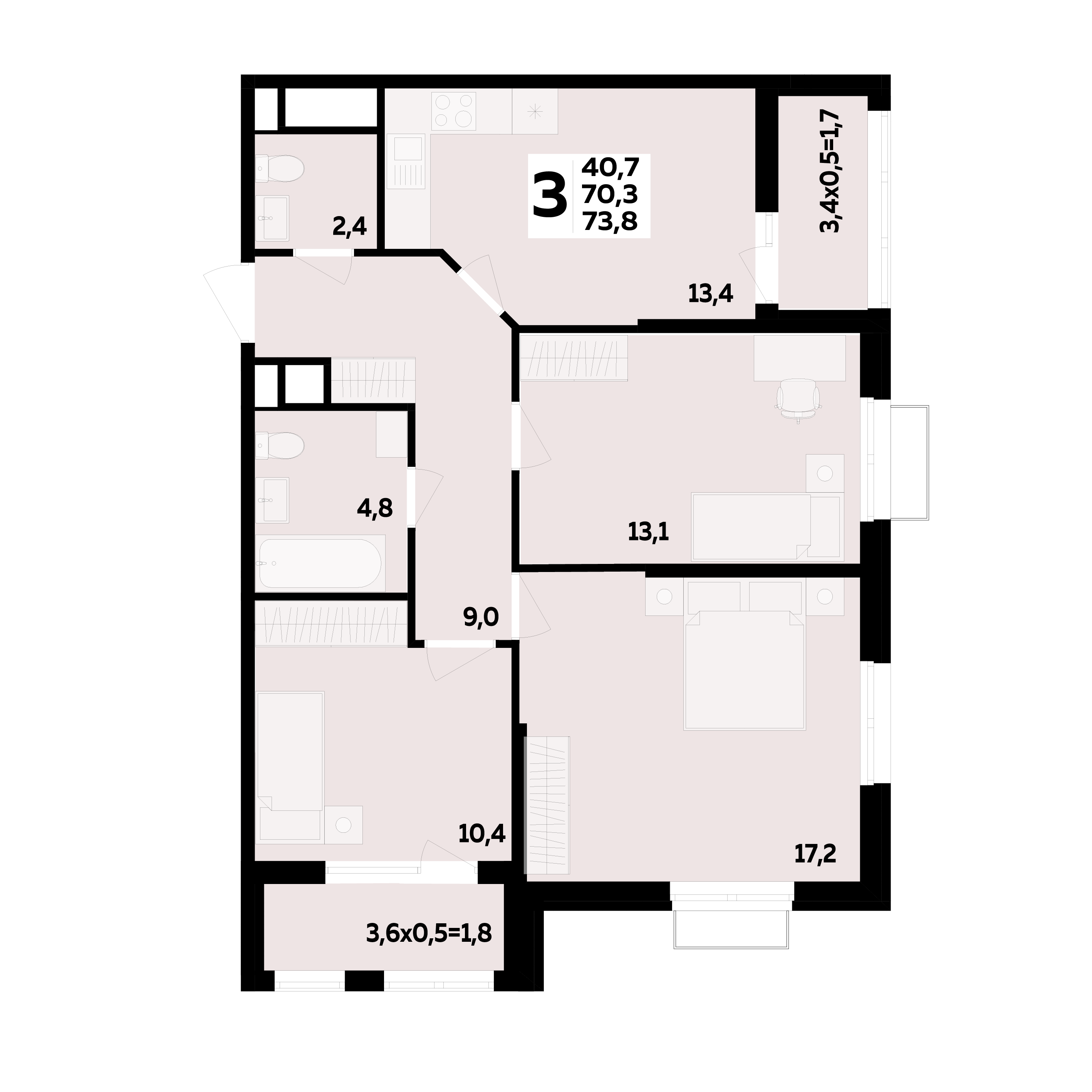Планировка 3-комнатная 73,8 м²