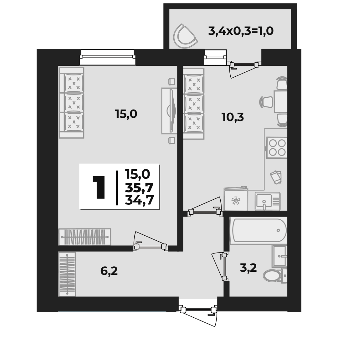 Планировка 1-комнатная 35,7 м²