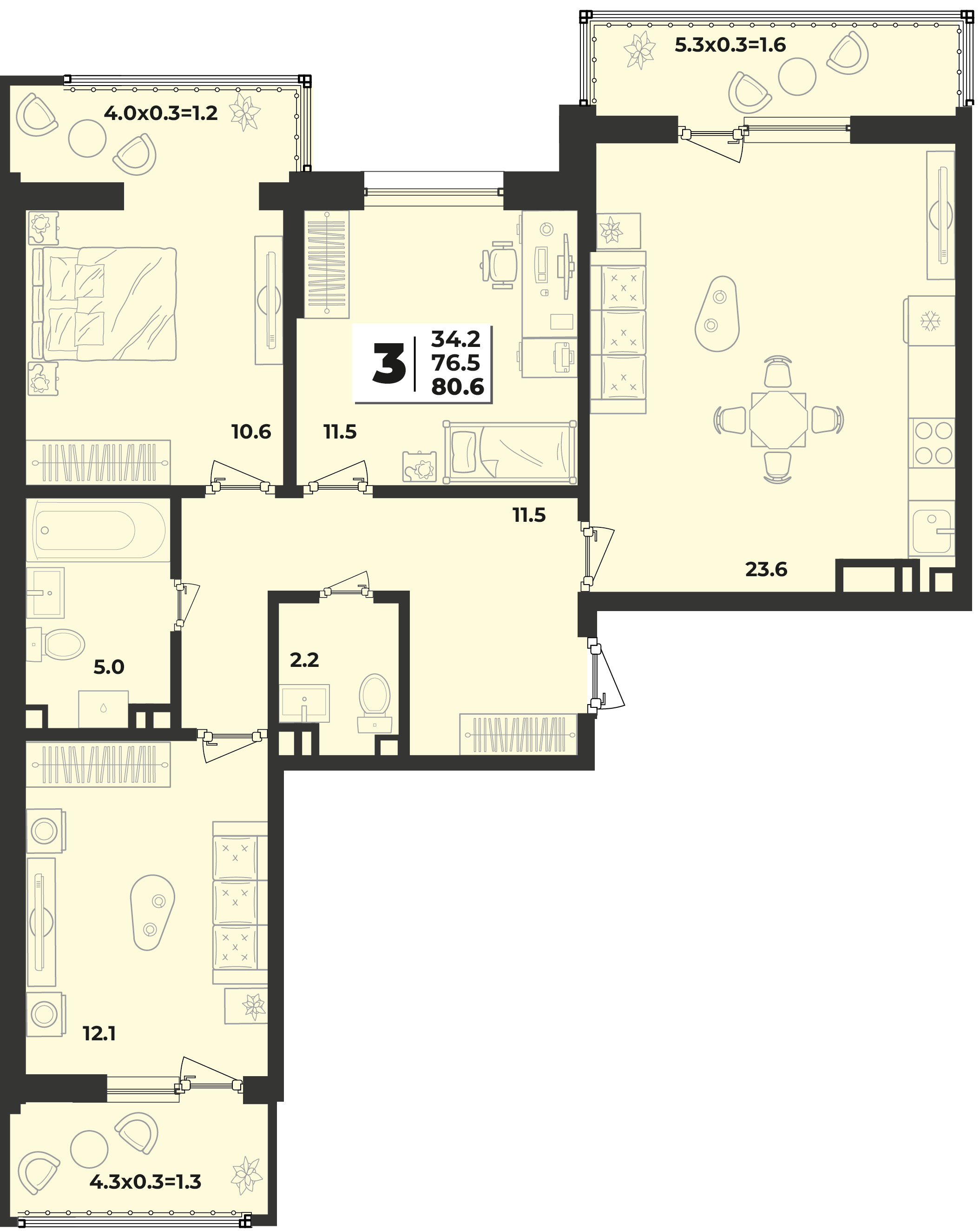 Планировка 3-комнатная 80,6 м²