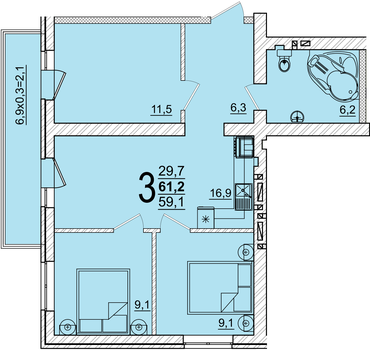 Планировка 3-комнатная 61,2 м²