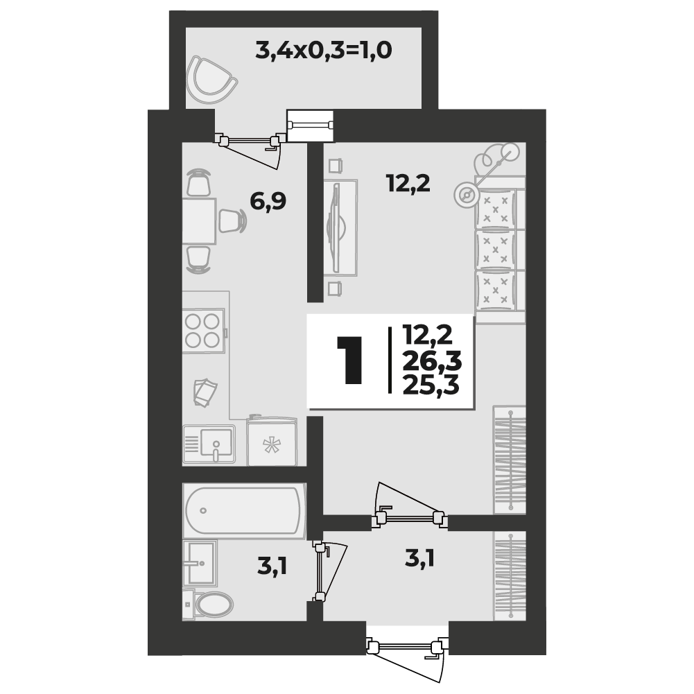 Планировка: Студия 25,7 м²