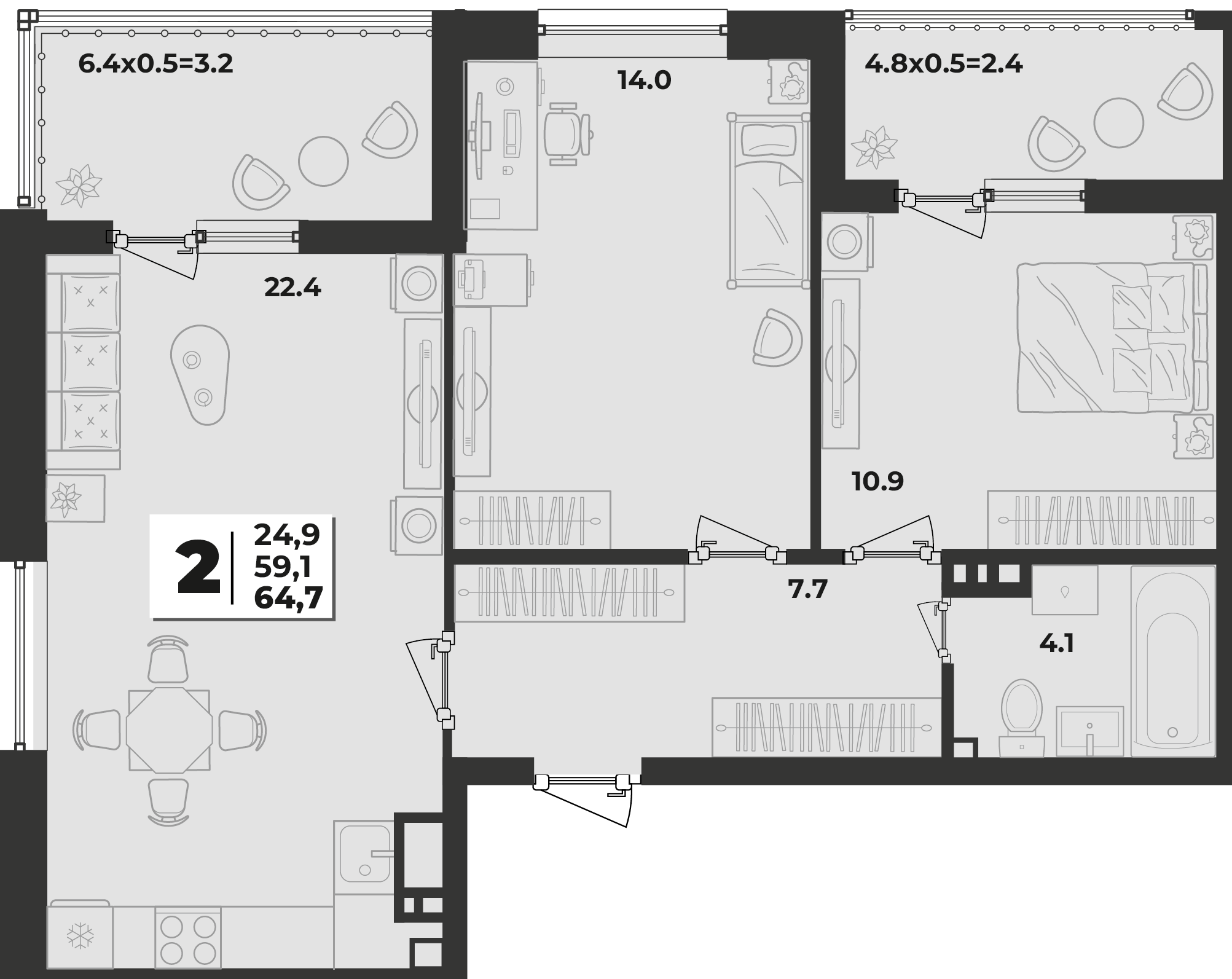Планировка: 2-комн. квартира 64,7 м²