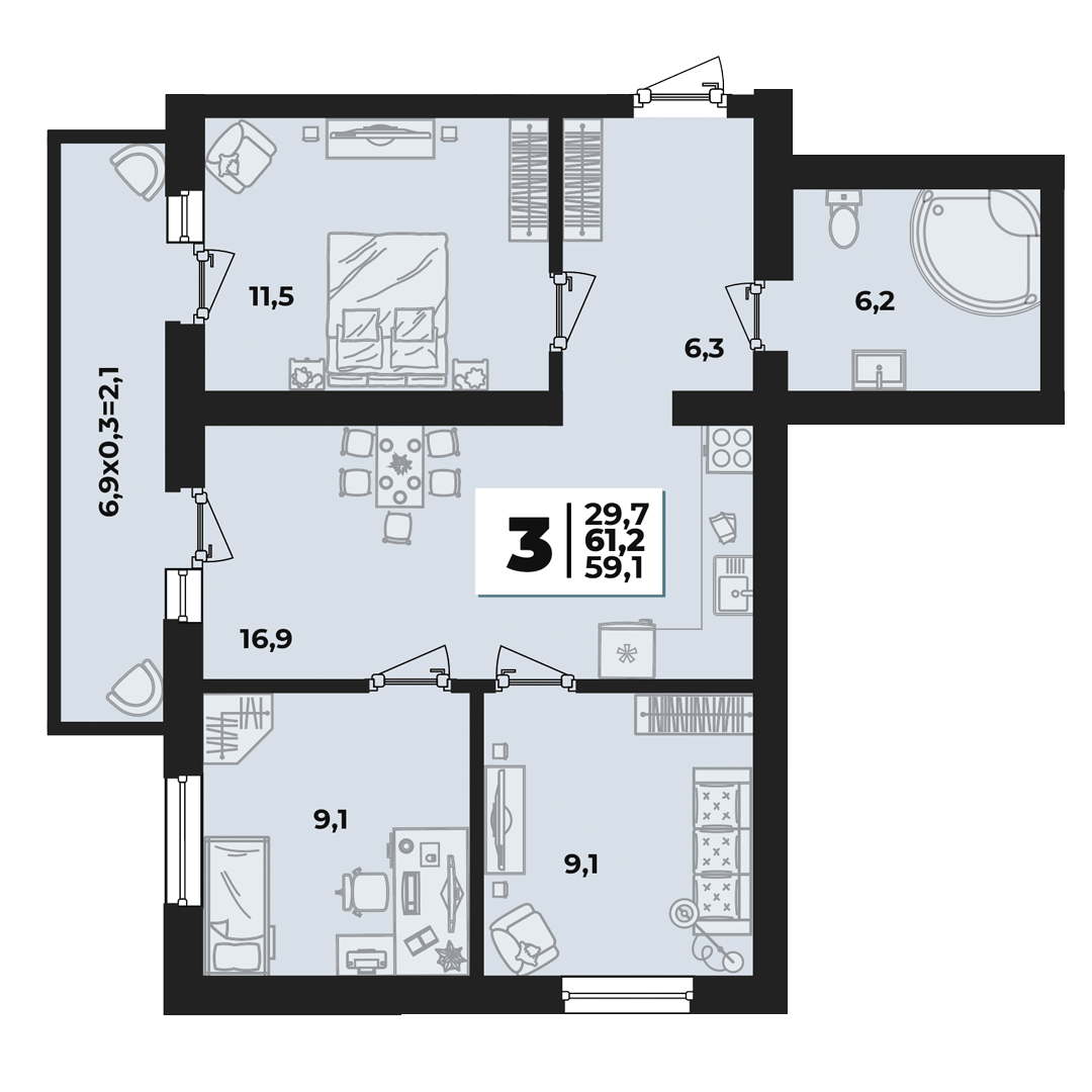 Планировка 3-комнатная 61,2 м²