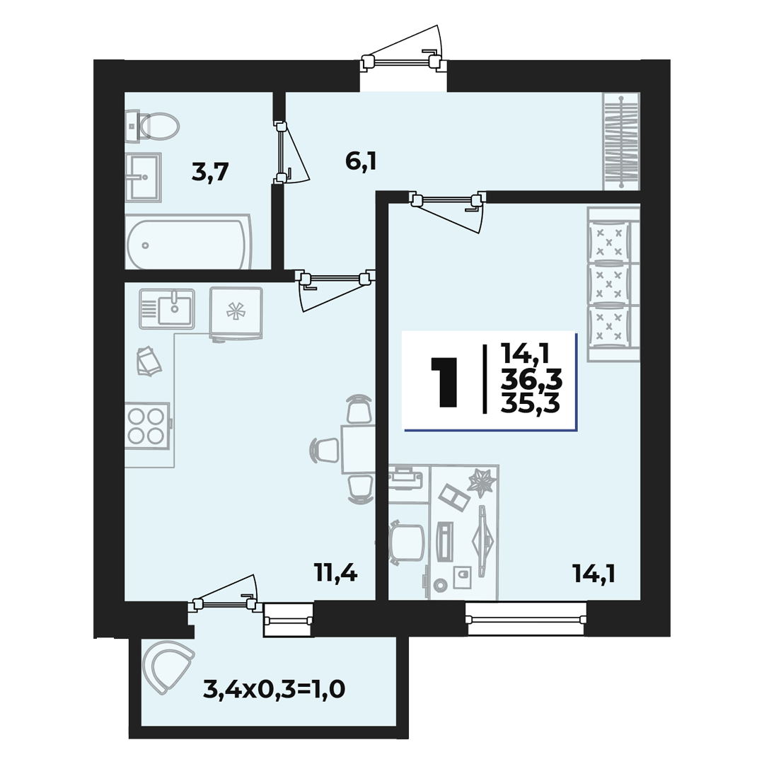 Планировка 1-комнатная 36,3 м²