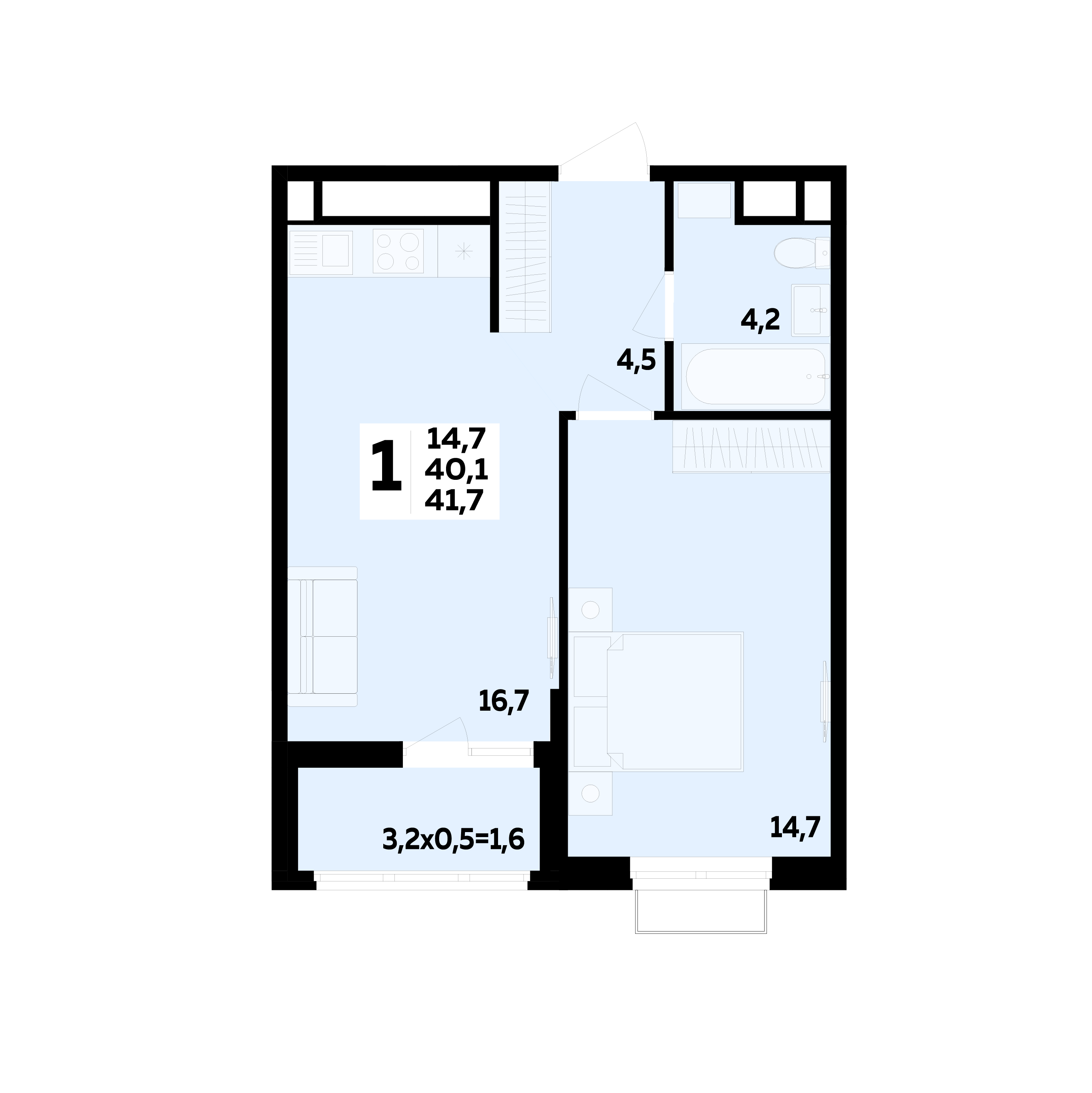 Планировка 1-комнатная 41,7 м²