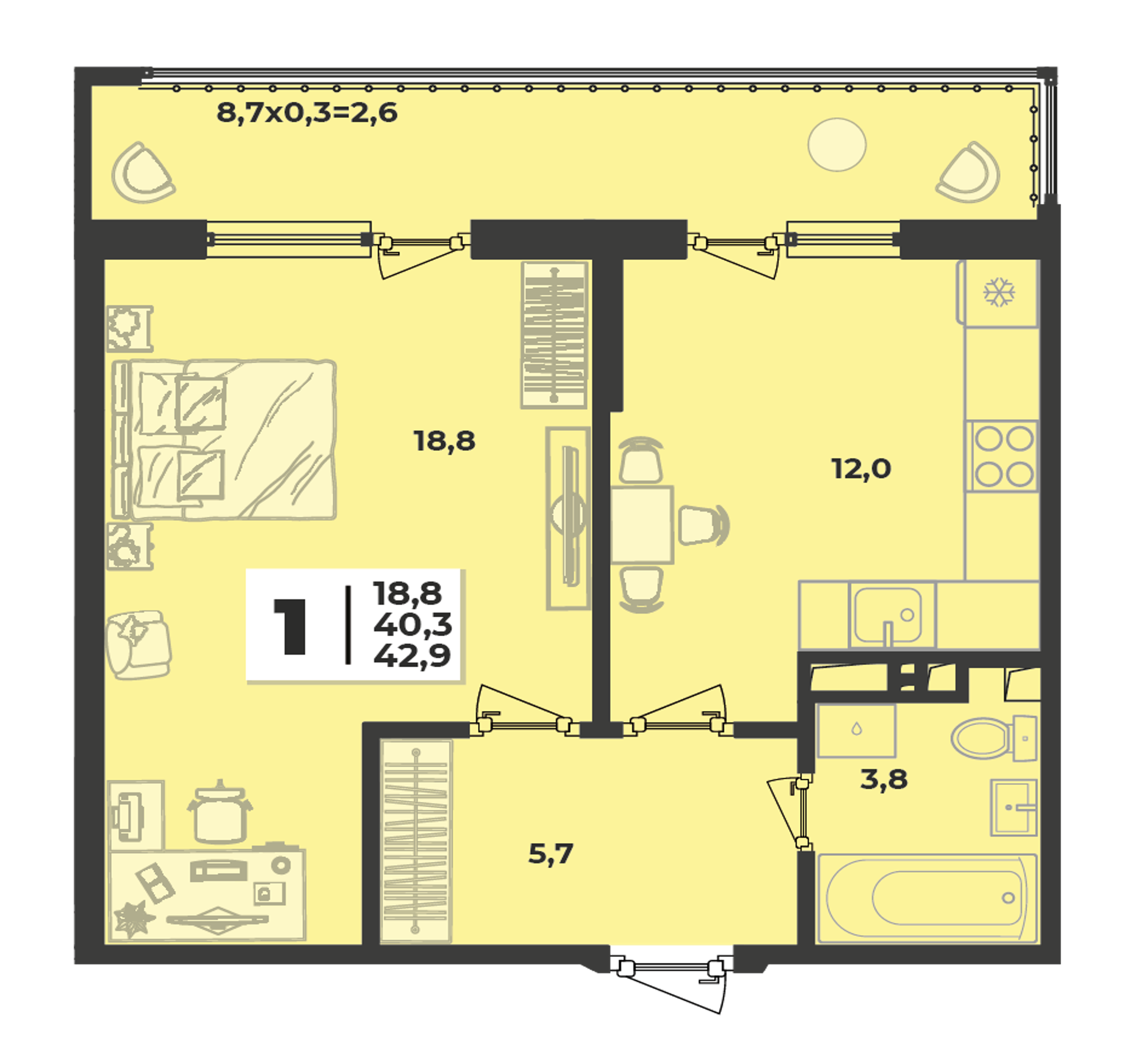 Планировка: 1-комн. квартира 42,9 м²