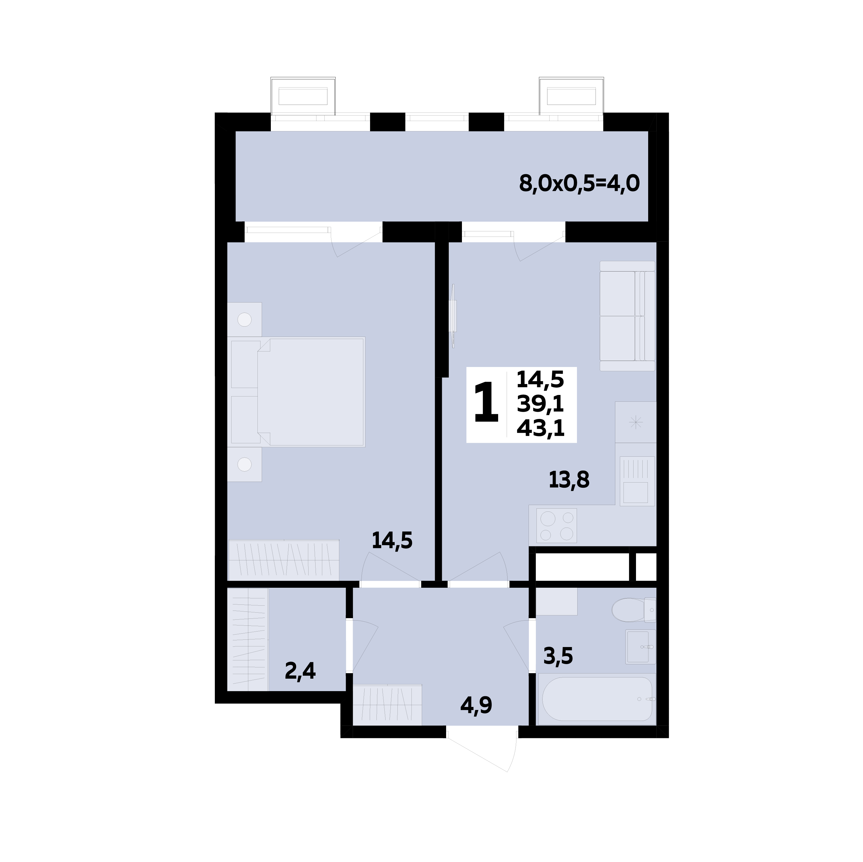 Планировка: 1-комн. квартира 43,1 м²