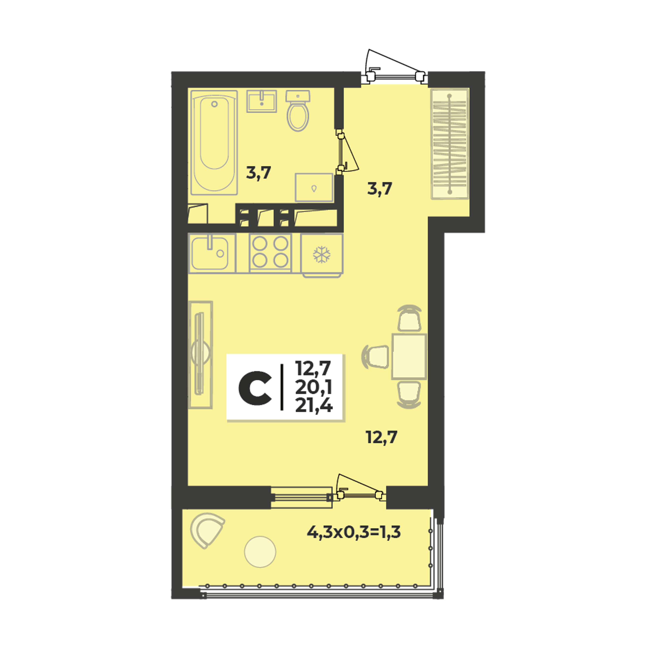 Планировка Студия 21,4 м²