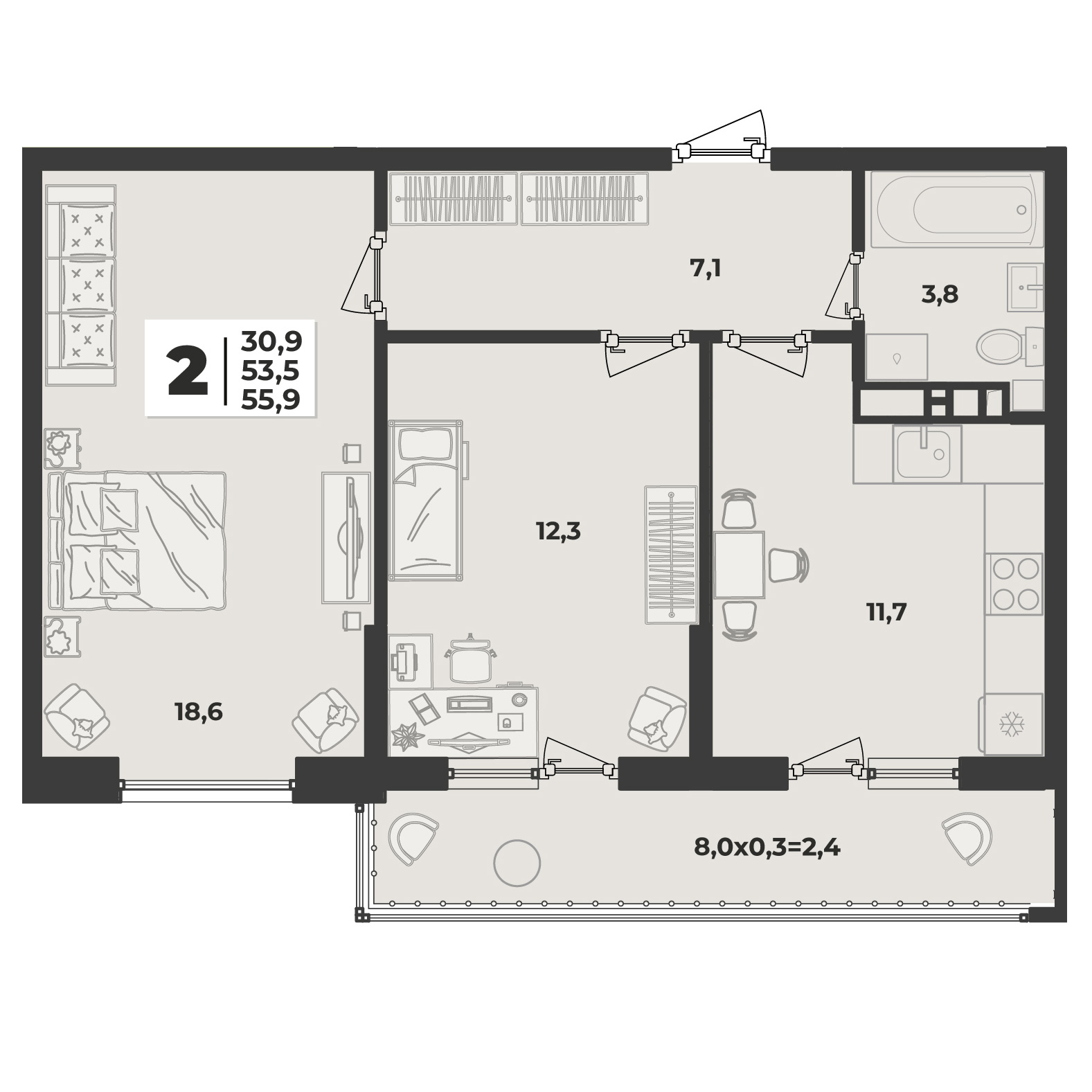 Планировка 2-комнатная 55,9 м²