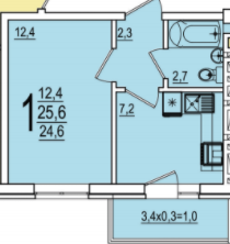 Планировка 1-комнатная 25,6 м²