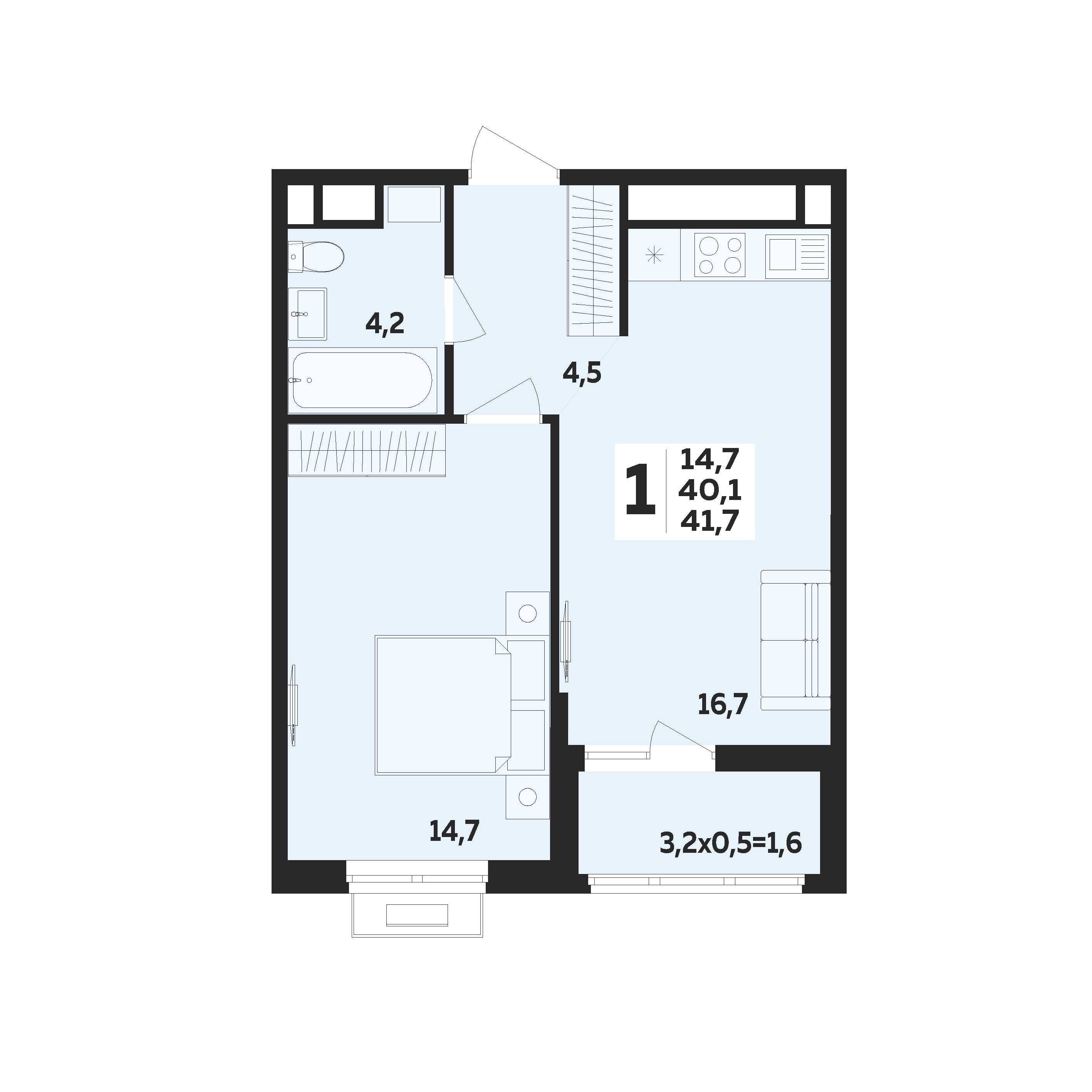 Планировка: 1-комн. квартира 41,7 м²