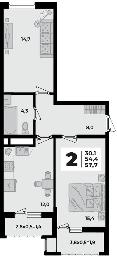 Планировка 2-комнатная 57,7 м²