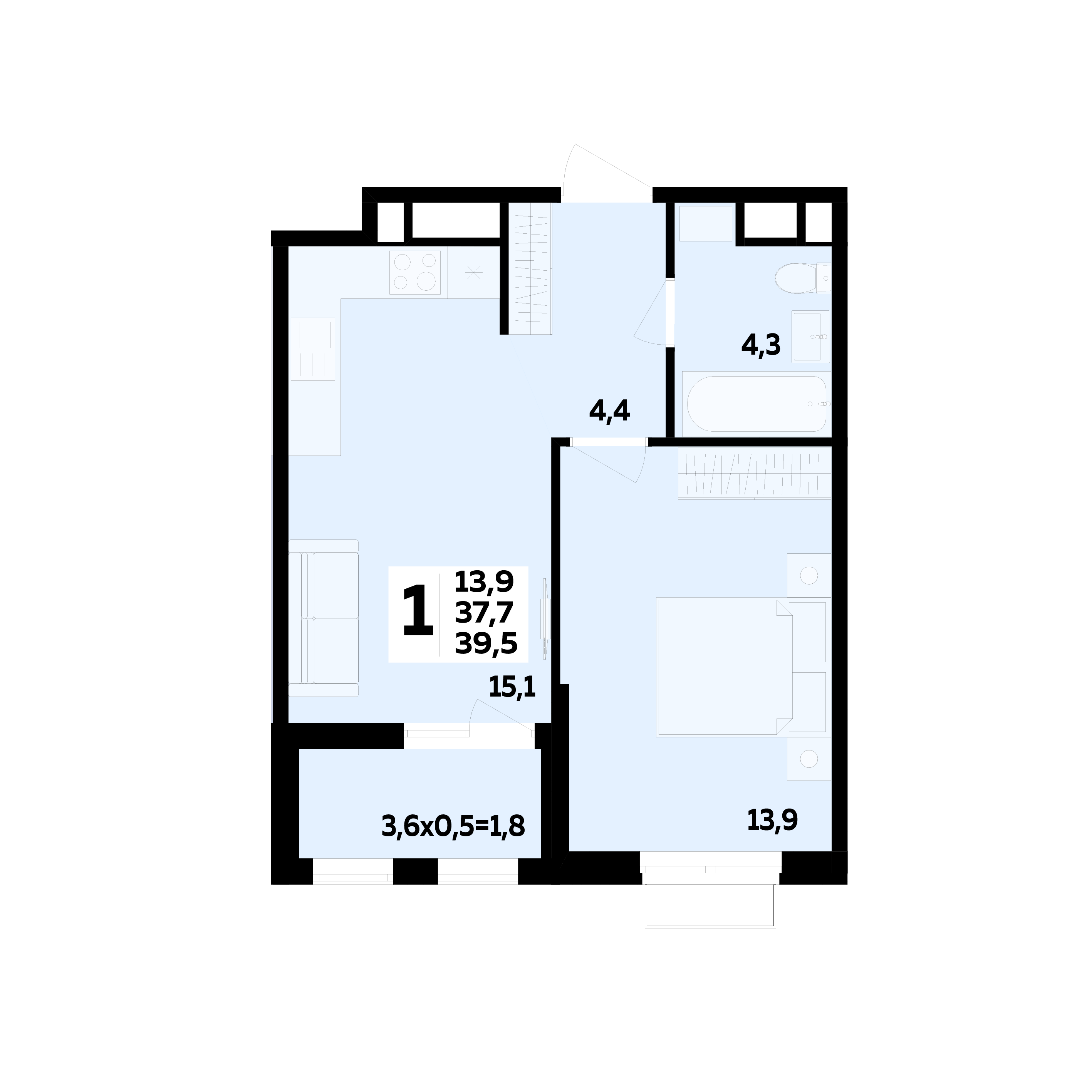 Планировка 1-комнатная 39,5 м²