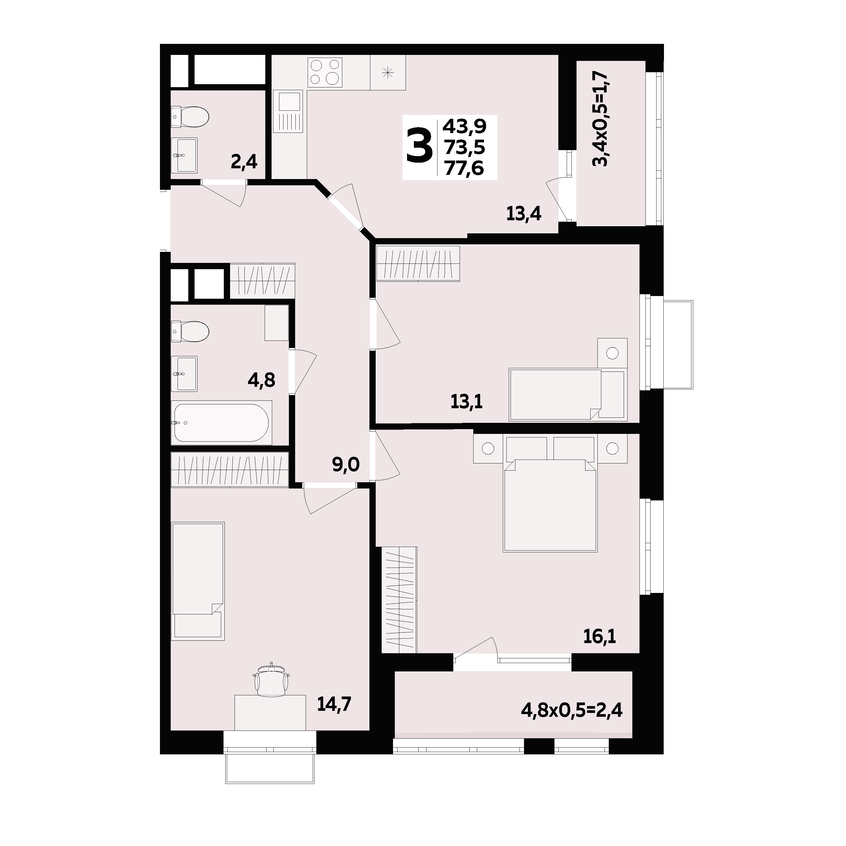 Планировка 3-комнатная 77,6 м²