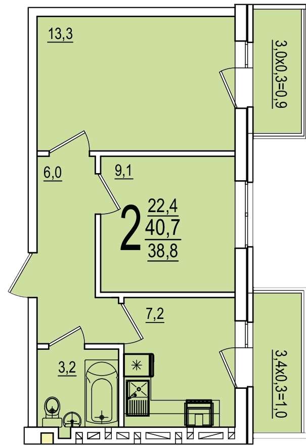 Планировка 2-комнатная 40,7 м²