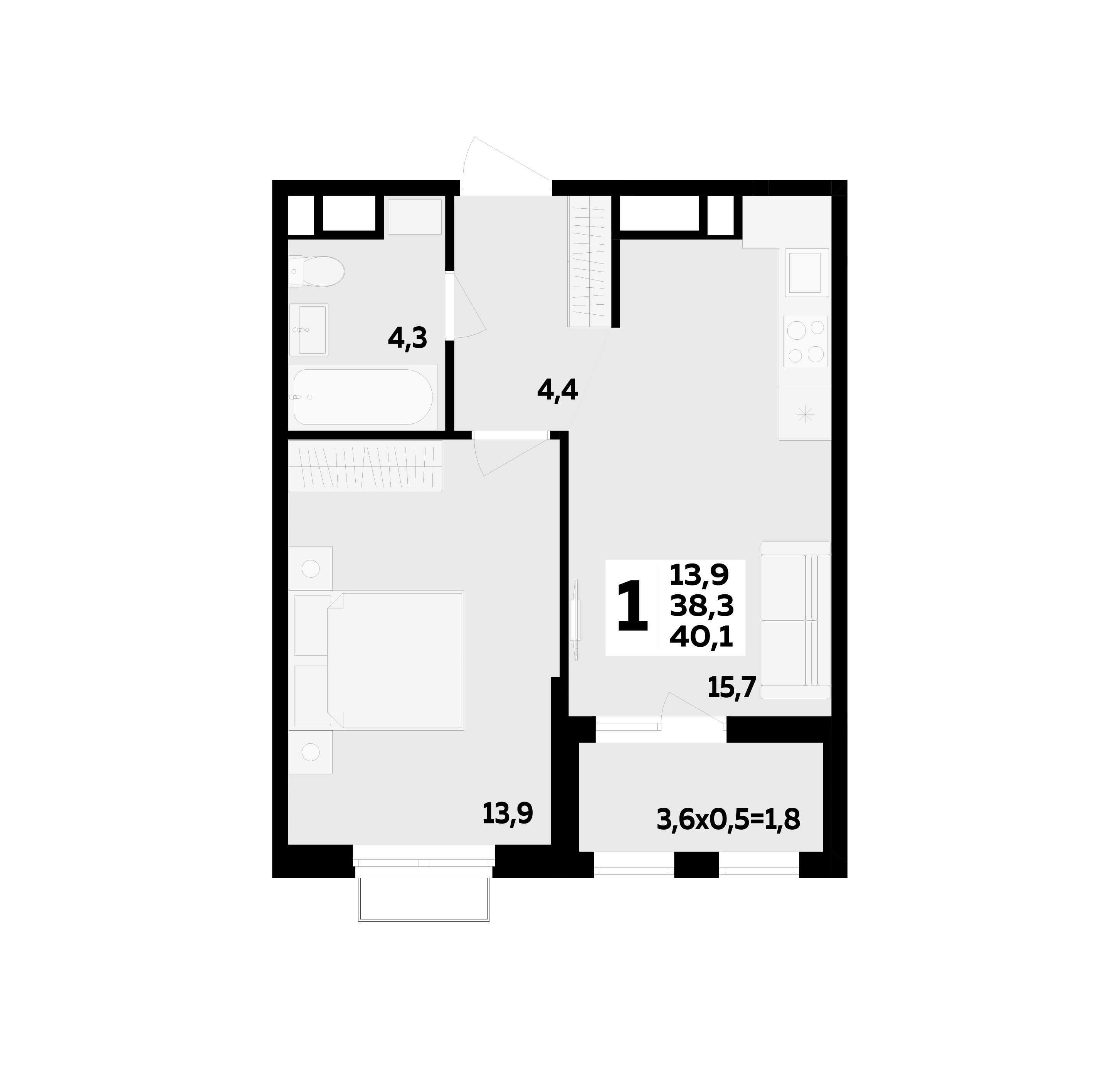Планировка 1-комнатная 40,1 м²