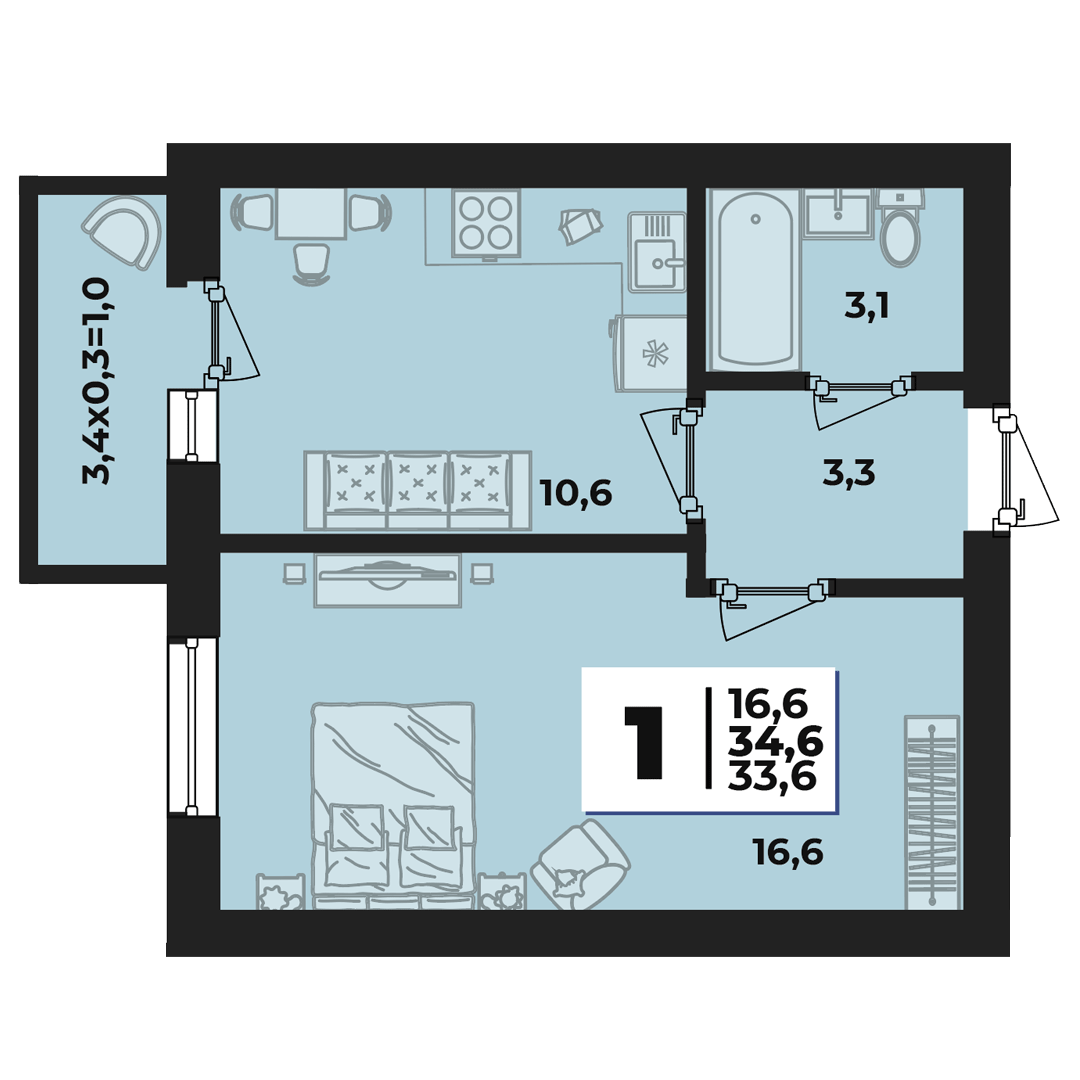 Планировка: 1-комн. квартира 34,2 м²