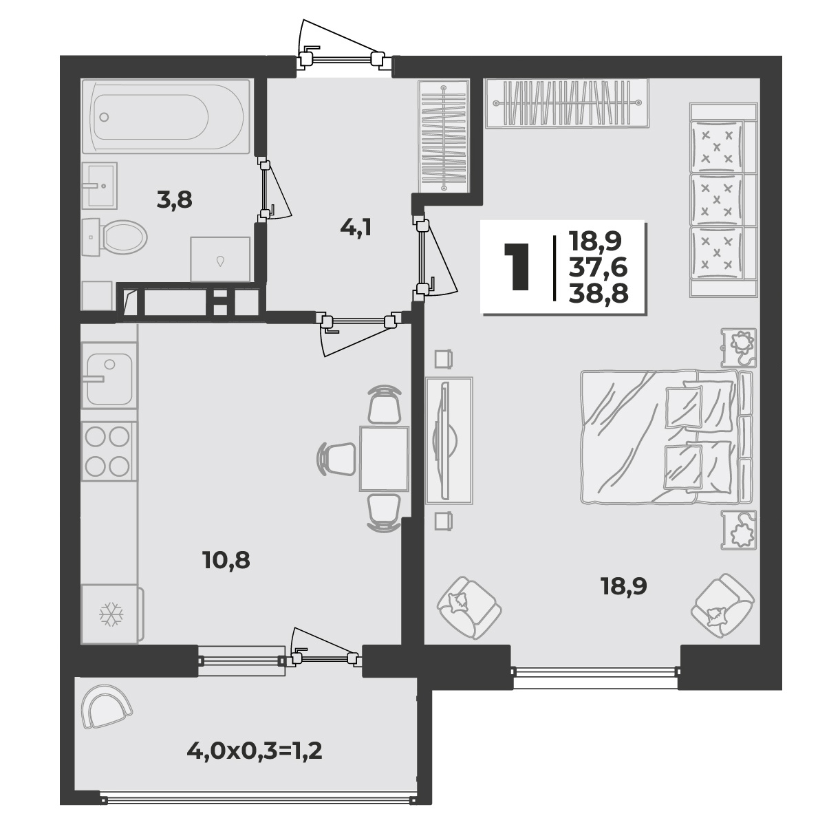 Планировка: 1-комн. квартира 39,1 м²
