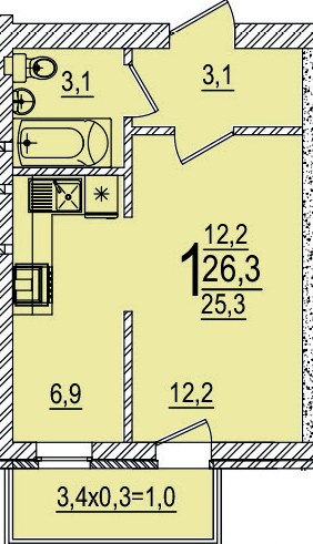 Планировка: Студия 26,1 м²