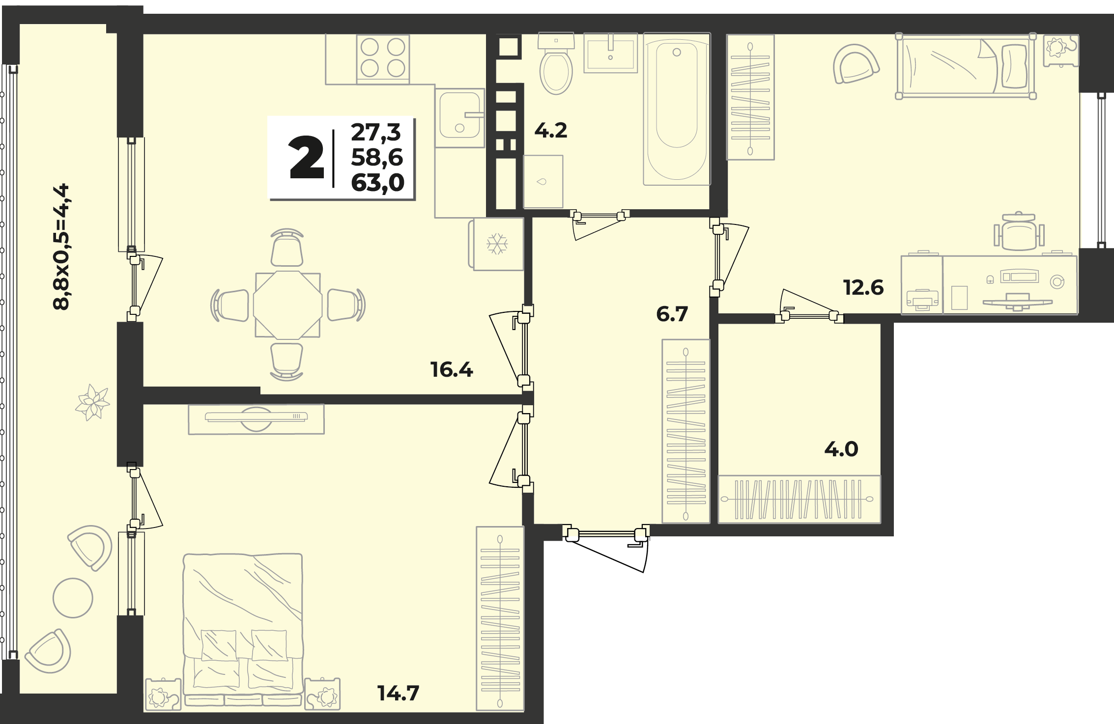 Планировка 2-комнатная 63 м²