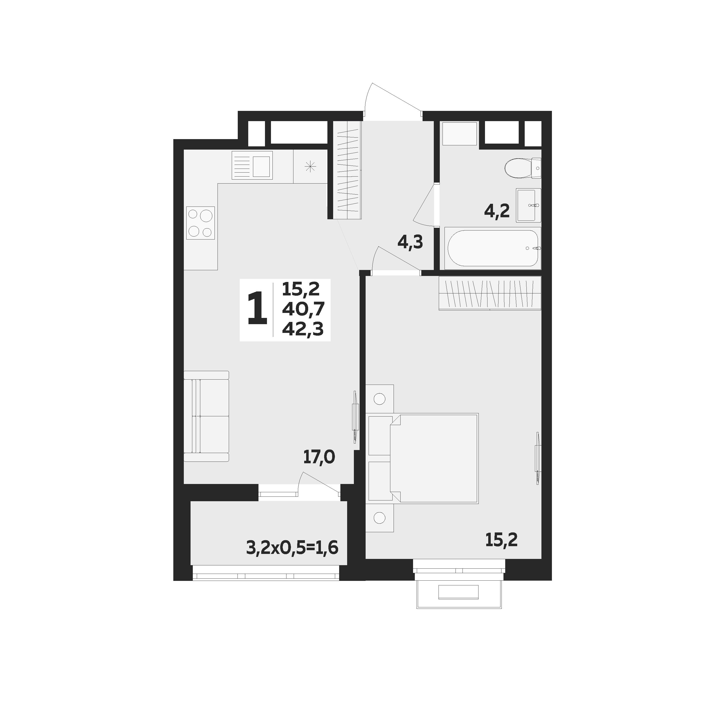 Планировка: 1-комн. квартира 42,3 м²