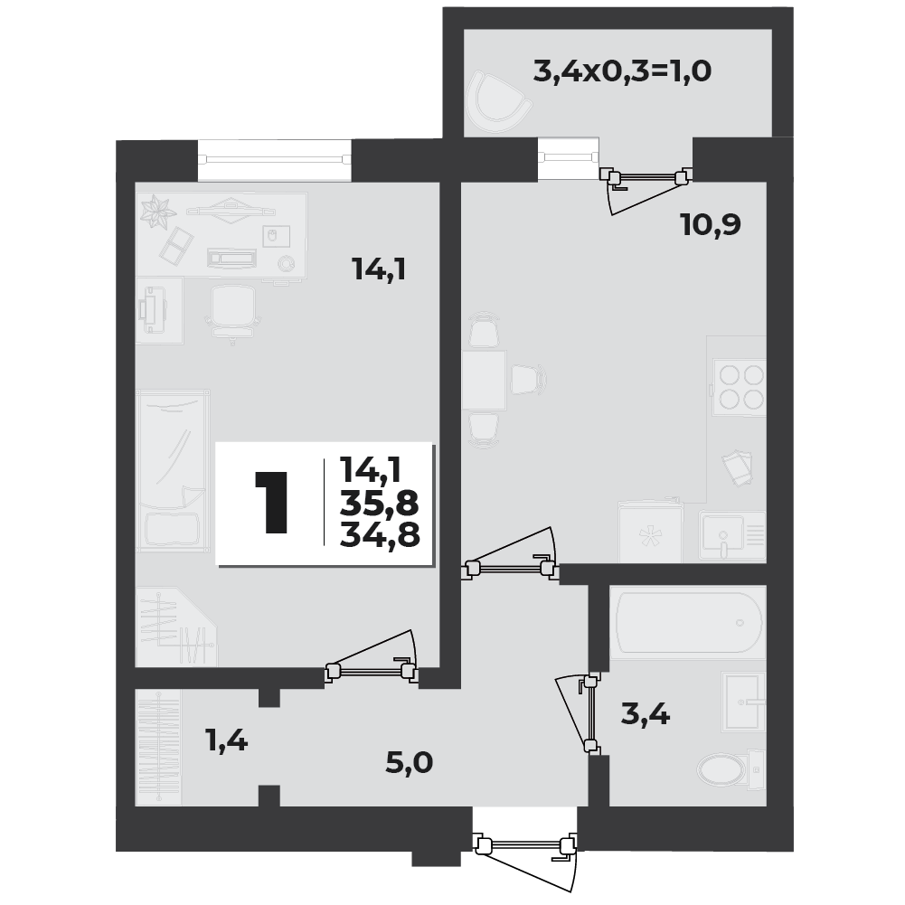 Планировка: 1-комн. квартира 35,8 м²