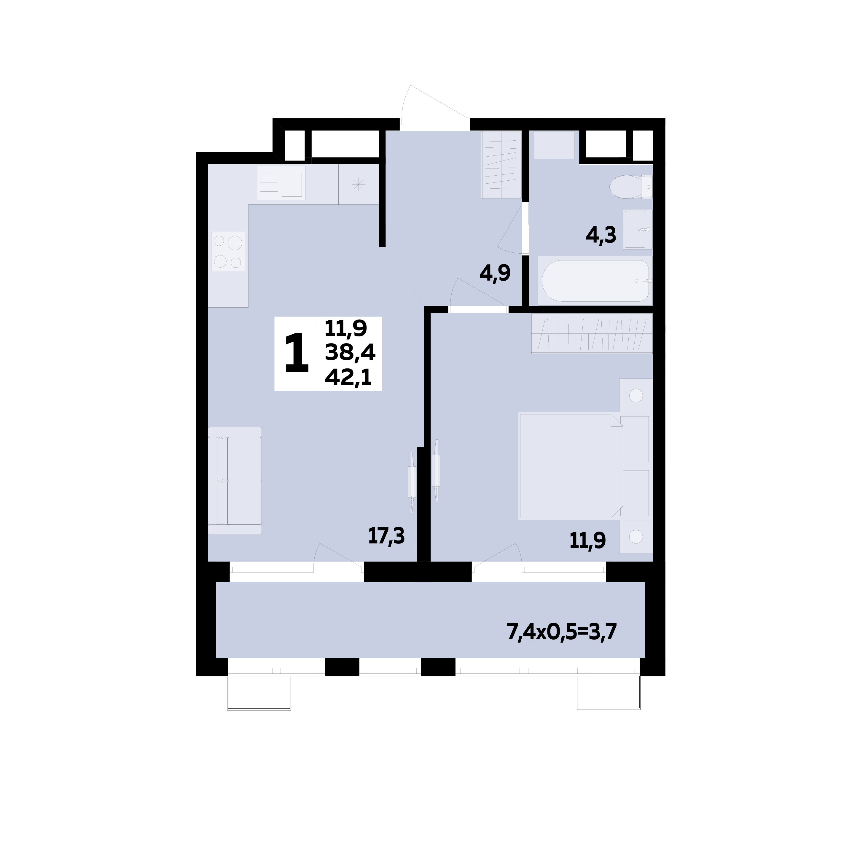 Планировка 1-комнатная 42,1 м²