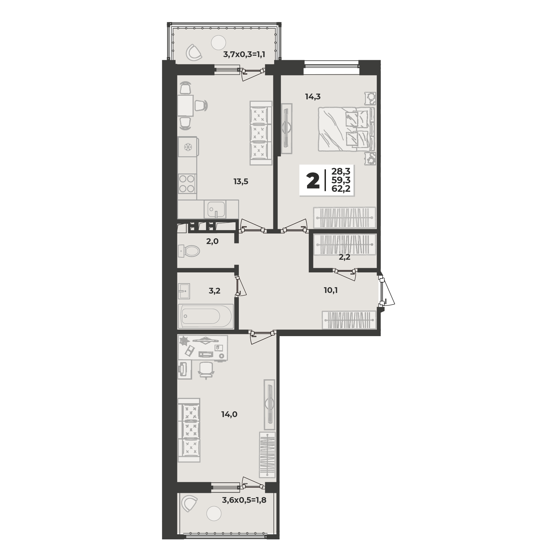 Планировка 2-комнатная 61,9 м²